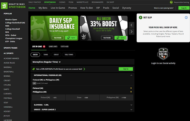 The DraftKings user interface